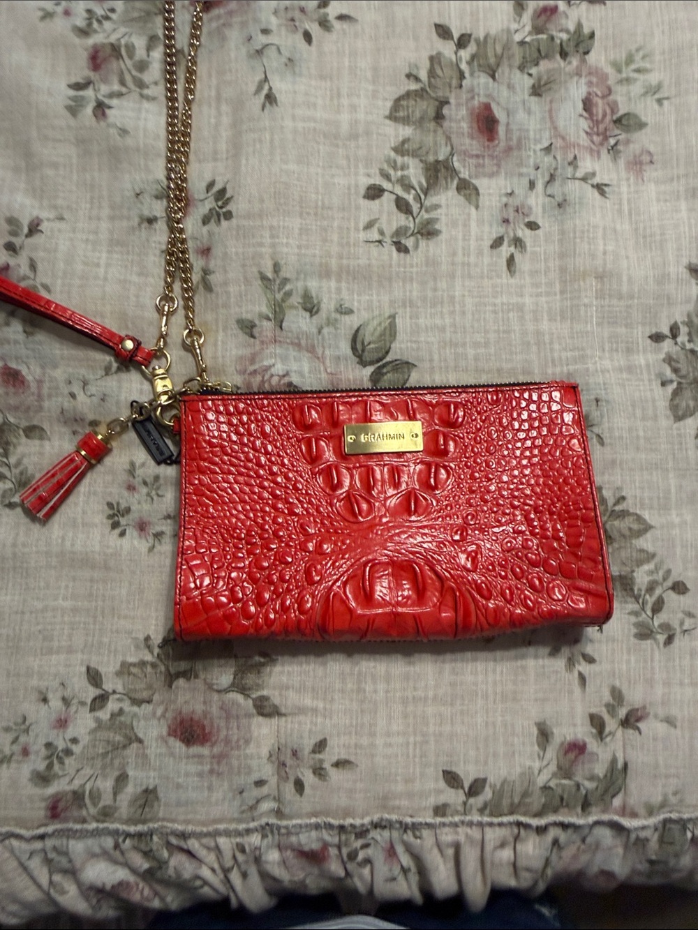 Brahmin Red Croc-Embossed Crossbody Wristlet with Gold Hardware